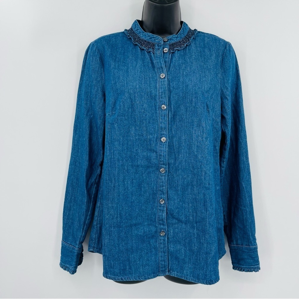 Boden Caitlin smocked shirt mid vintage denim blue ruffle‎ New women's size 6 - Picture 9 of 10